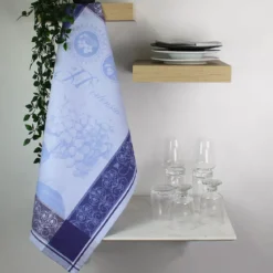 Torchon pur coton motif jacquard bleu Hortensia bleu