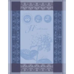 Torchon pur coton motif jacquard bleu Hortensia bleu