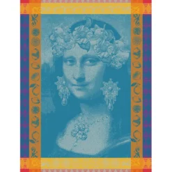 Torchon pur coton motif jacquard bleu Mona lisa bleu