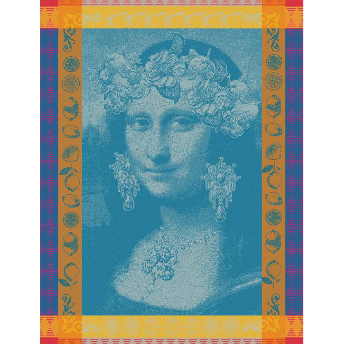 Torchon pur coton motif jacquard bleu Mona lisa bleu