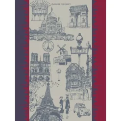Torchon pur coton motif jacquard bleu rouge J'aime paris tricolore