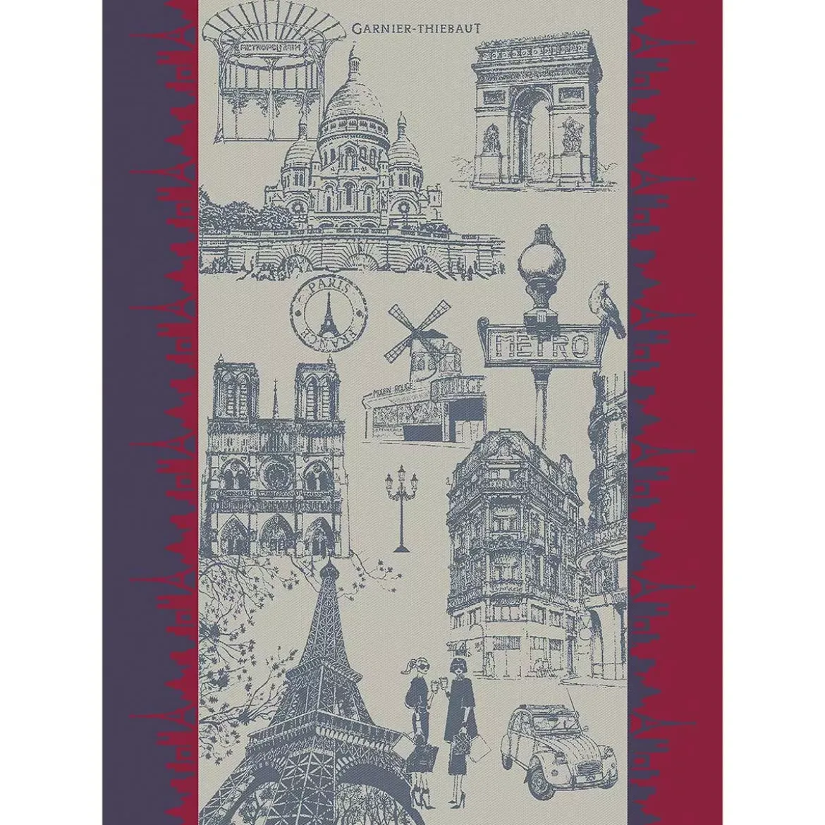 Torchon pur coton motif jacquard bleu rouge J'aime paris tricolore