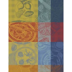 Torchon pur coton motif jacquard bleu jaune Sea food citronne