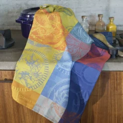 Torchon pur coton motif jacquard bleu jaune Sea food citronne
