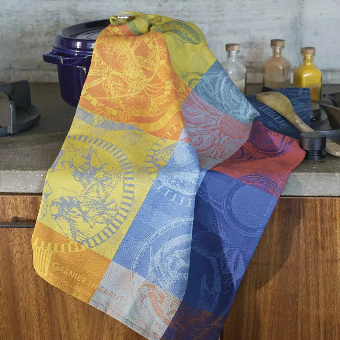 Torchon pur coton motif jacquard bleu jaune Sea food citronne