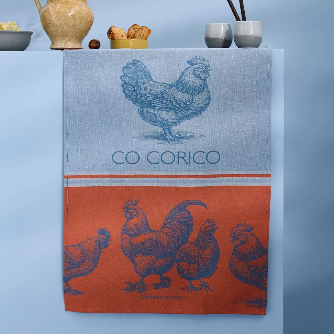 Torchon pur coton motif jacquard bleu orange Co corico tango