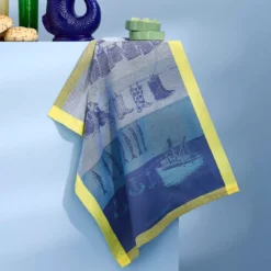 Torchon pur coton motif jacquard bleu jaune Destination mer cire