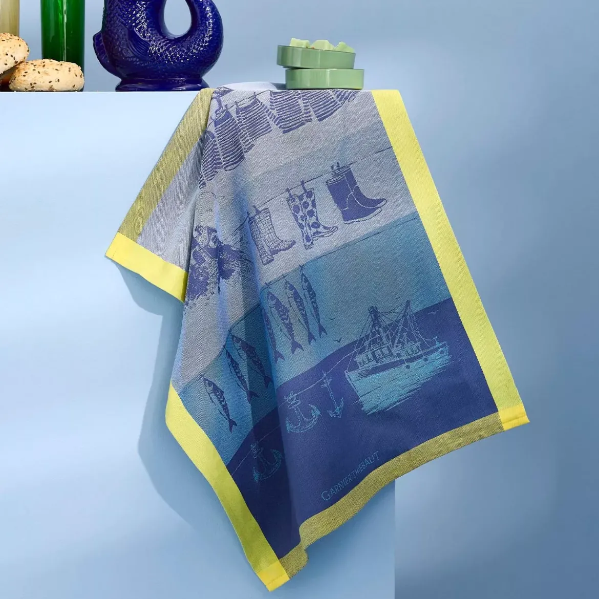 Torchon pur coton motif jacquard bleu jaune Destination mer cire