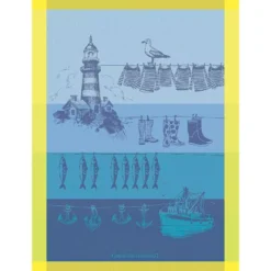 Torchon pur coton motif jacquard bleu jaune Destination mer cire