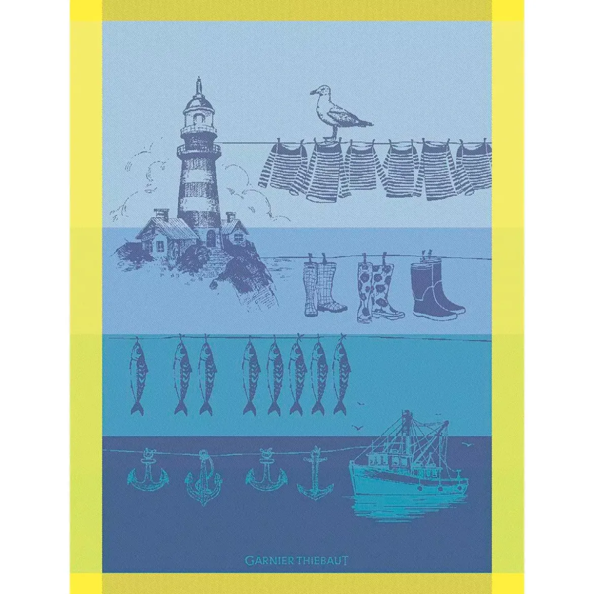 Torchon pur coton motif jacquard bleu jaune Destination mer cire