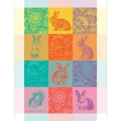 Torchon pur coton motif jacquard bleu rose Les lapins printemps