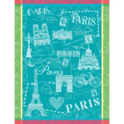 Torchon pur coton motif jacquard vert canard Carte de paris emeraude