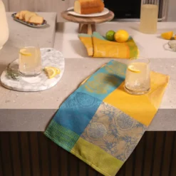 Torchon pur coton motif jacquard jaune Limonade au thym soleil
