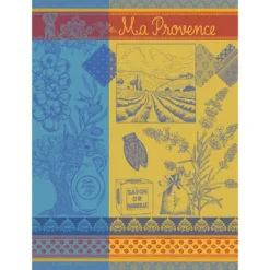 Torchon pur coton motif jacquard bleu jaune Ma provence curry