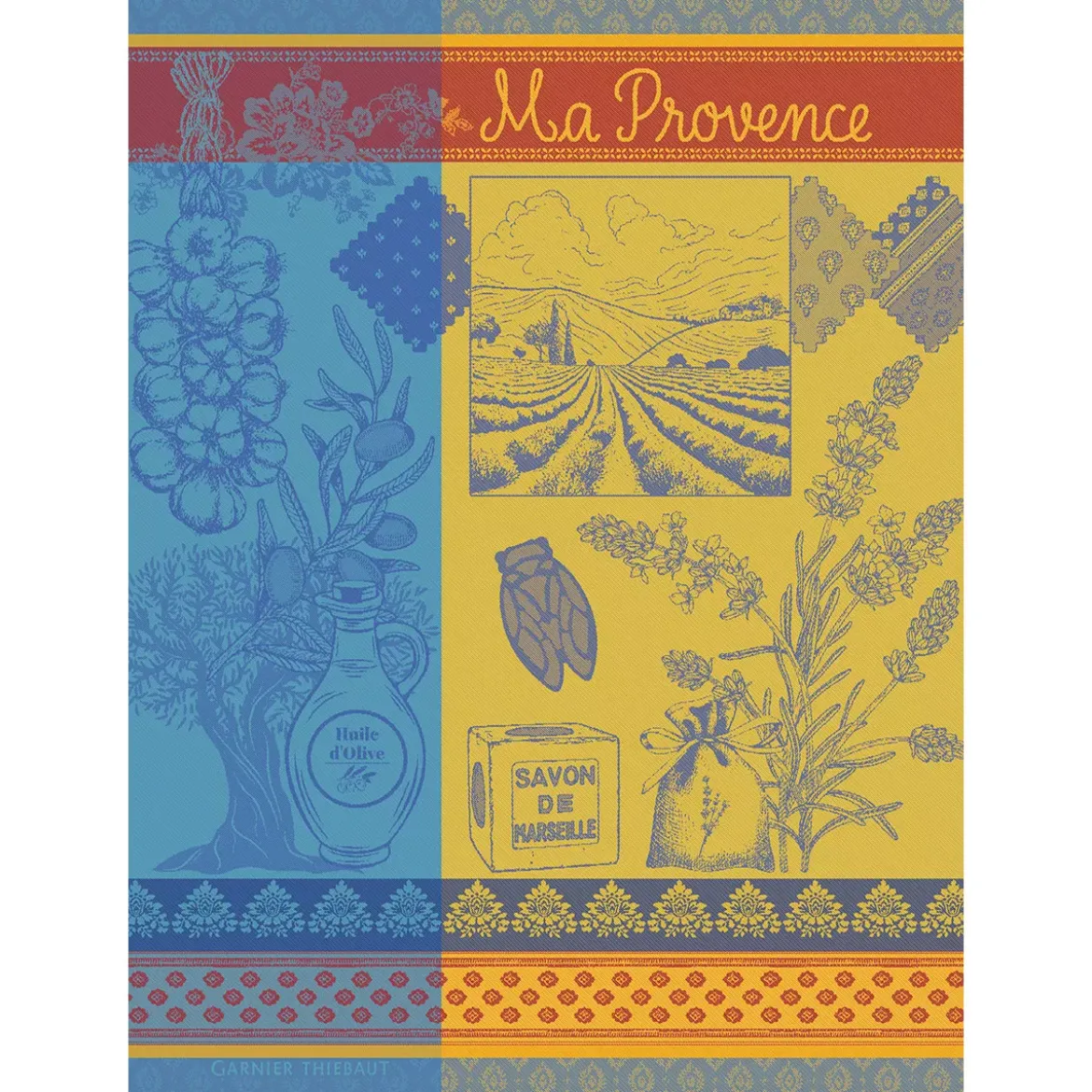 Torchon pur coton motif jacquard bleu jaune Ma provence curry
