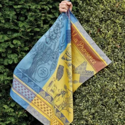 Torchon pur coton motif jacquard bleu jaune Ma provence curry