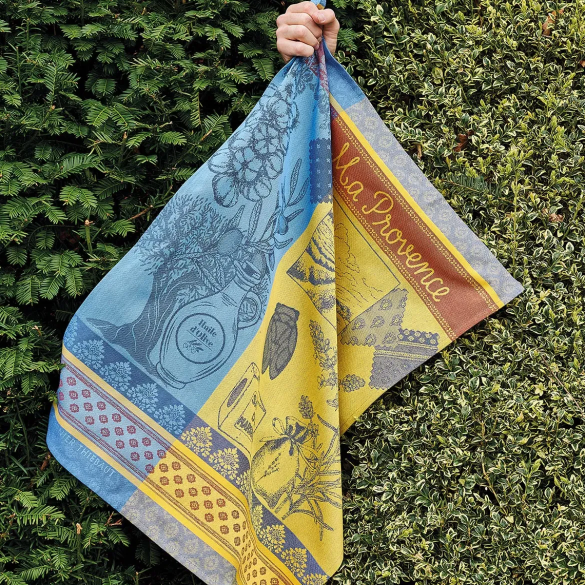 Torchon pur coton motif jacquard bleu jaune Ma provence curry