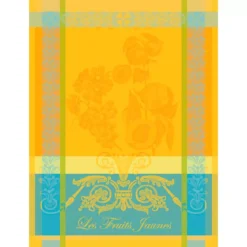 Torchon pur coton motif jacquard bleu jaune Les fruits jaunes soleil