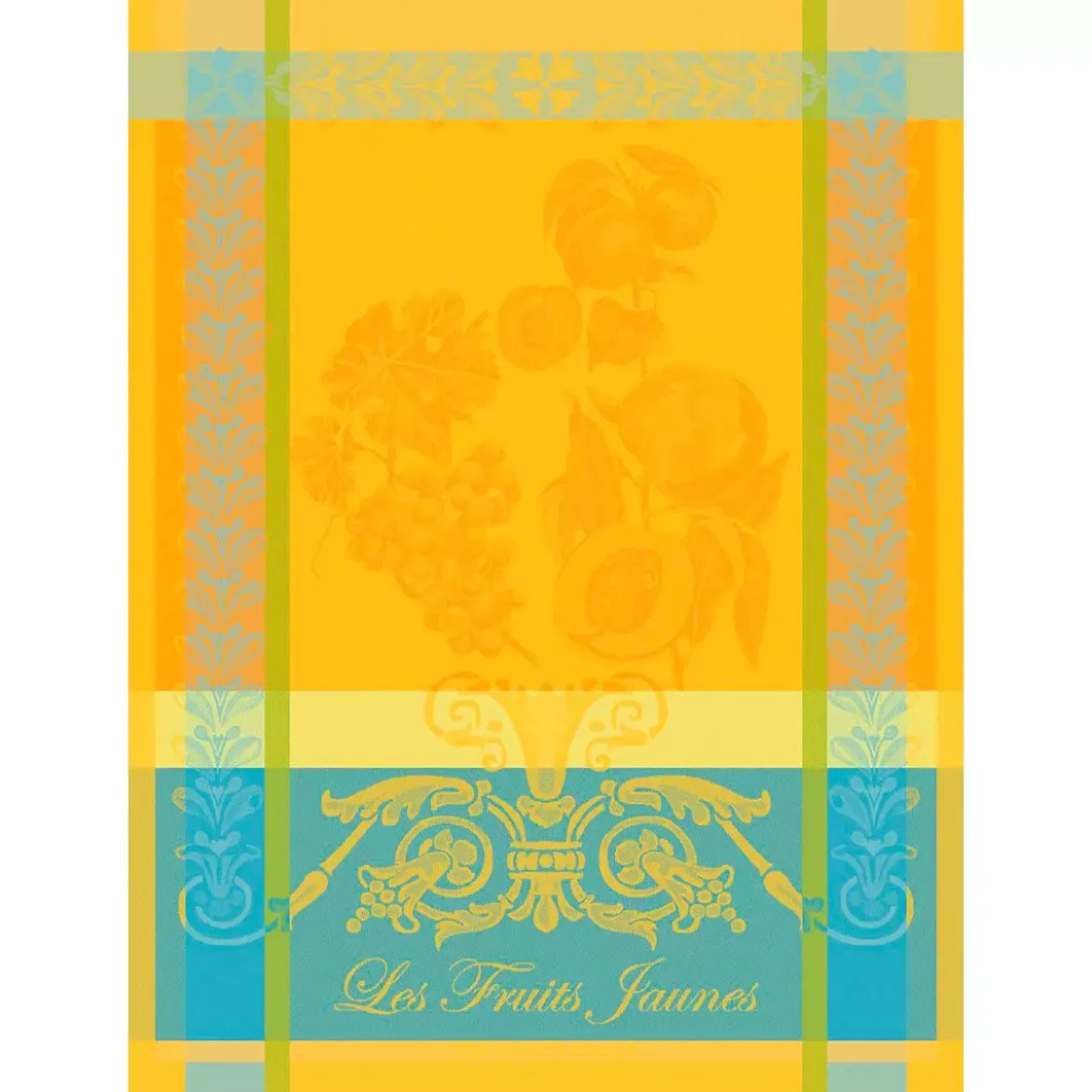 Torchon pur coton motif jacquard bleu jaune Les fruits jaunes soleil