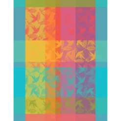 Torchon pur coton motif jacquard multicolore Mille colibris antilles