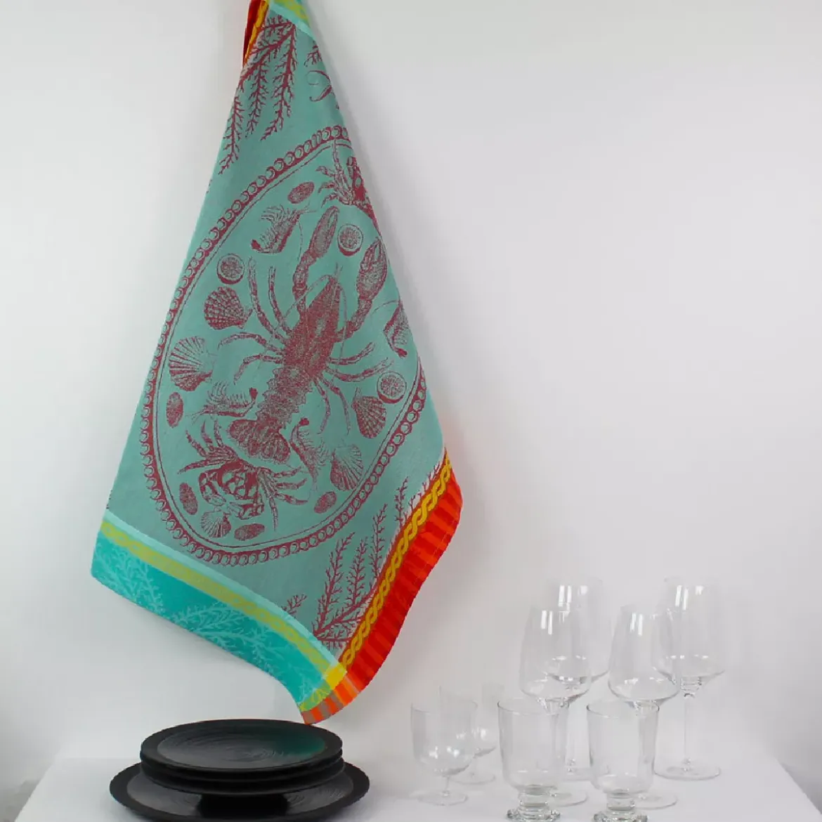 Torchon pur coton motif jacquard multicolore Maree basse lagon