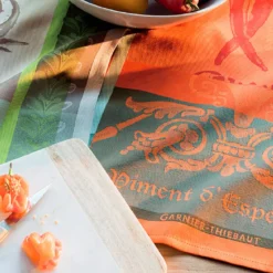 Torchon pur coton motif jacquard orange rouge Piment d'espelette epices